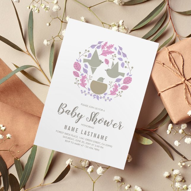 Pink Birds Nest Circle Girl Couples Baby Shower Invitation (Creator Uploaded)