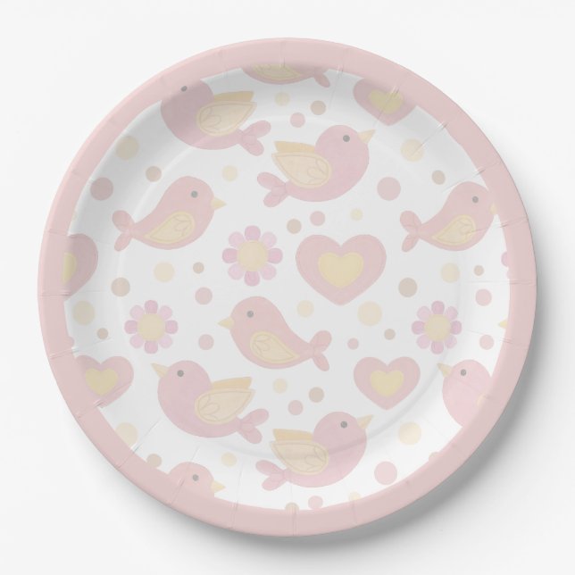 Pink Birds Nesting Party Paper Plate (Front)