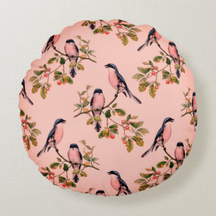 Pink Birds on Branches Reversible Country  Round Pillow