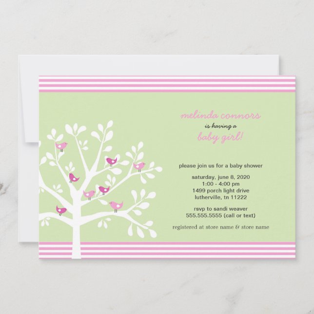 Pink birds on white tree baby shower invite (Front)