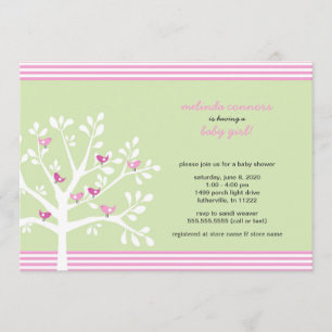 Pink birds on white tree baby shower invite