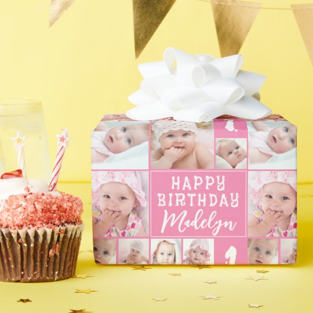 Pink Birthday 8 Photo Collage Name Age Wrapping Paper (Birthday Party)