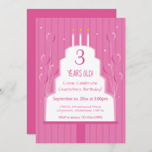 Pink Birthday Cake and Balloons   Invitation
