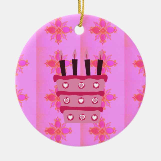 Pink Birthday Cake Art Print Ceramic Ornament (Front)