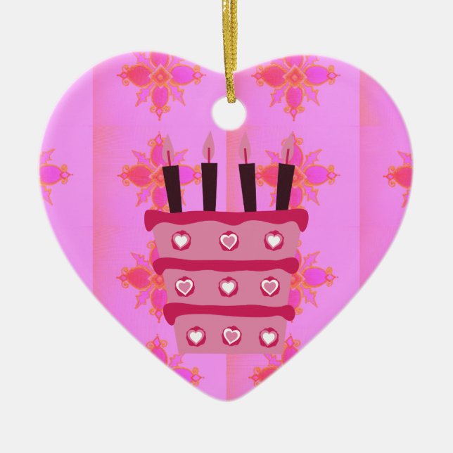 Pink Birthday Cake Art Print Ceramic Ornament (Front)