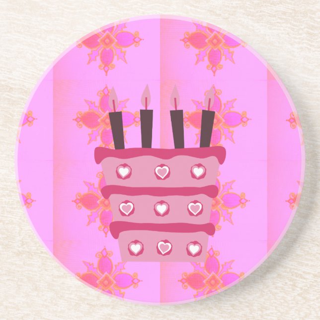 Pink Birthday Cake Art Print Coaster (Front)