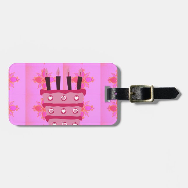 Pink Birthday Cake Art Print Luggage Tag (Front Horizontal)
