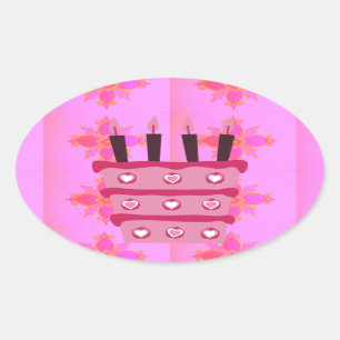 Pink Birthday Cake Art Print Oval Sticker