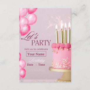 Pink Birthday Cake & Balloons Celebration Invitation
