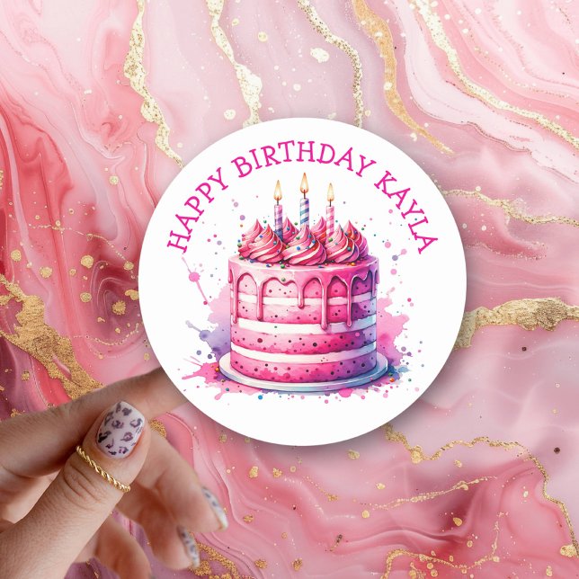 Pink Birthday Cake Girl's Classic Round Sticker (Creator Uploaded)