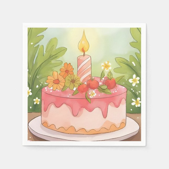 Pink Birthday Cake | Happy Birthday Napkin (Front)