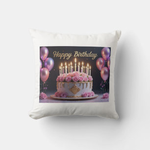 Pink birthday cake luxurious elegant extravagant throw pillow