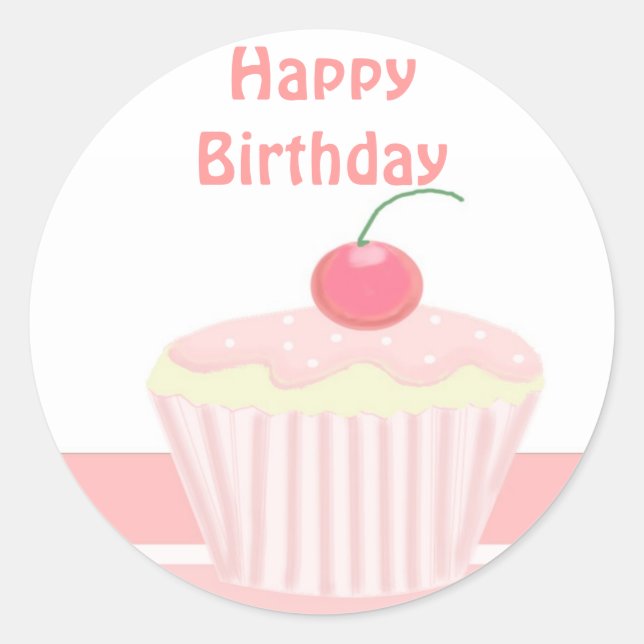 Pink Birthday Cupcake Classic Round Sticker (Front)