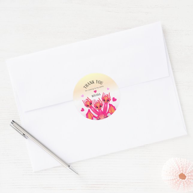 Pink Birthday Dragon Classic Round Sticker (Envelope)