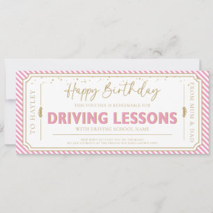 Pink Birthday Driving Lessons Gift Voucher Card
