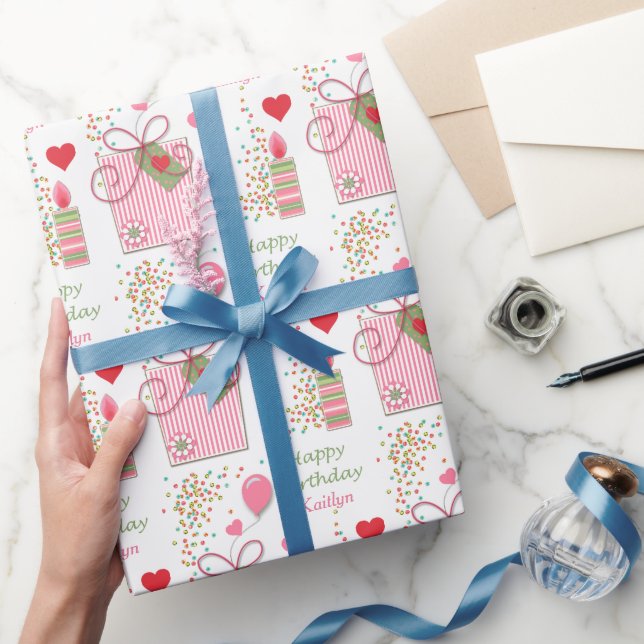 Pink Birthday Gift Hearts Personalized Wrapping Paper (Gifting)