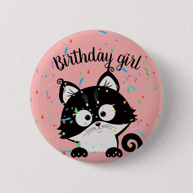 Pink birthday girl party button with tuxedo cat (Front)