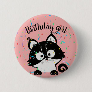 Pink birthday girl party button with tuxedo cat