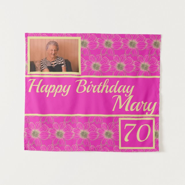 Pink Birthday Party Floral Design Custom Tapestry (Front (Horizontal))