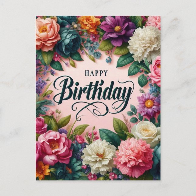 Pink Birthday Postcard : floral design  (Front)