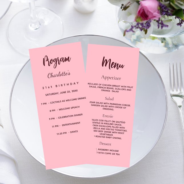 Pink birthday program dinner menu card (Creator Uploaded)