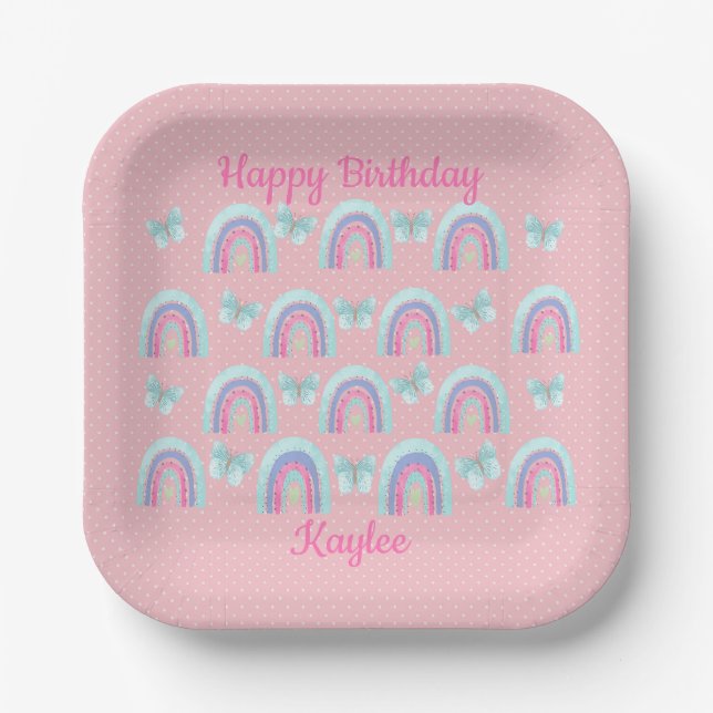 Pink Birthday Rainbows, Butterflies & Polka Dots Paper Plate (Front)