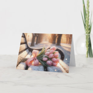 Pink Birthday Tulips On a Snowy Bench  Card
