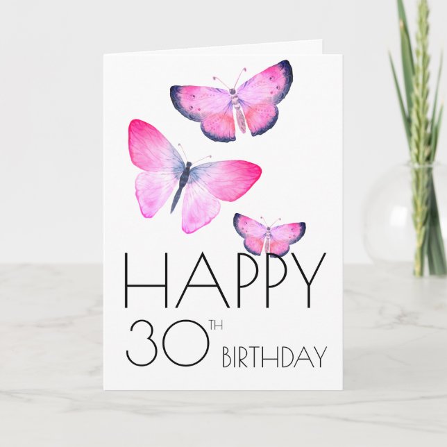 Pink Birthday Watercolor Girly Butterfly Any Year Card (Front)