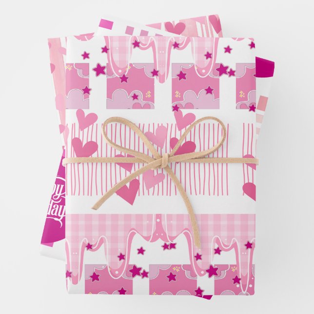 Pink Birthday Wrapping Paper Flat Sheet Set of 3 (In situ)