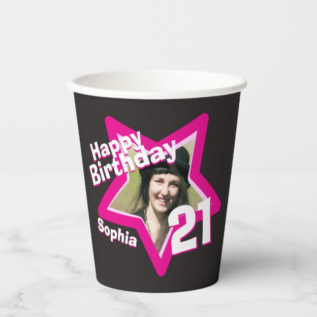 Pink black 21st birthday photo personalized paper cups (Front)