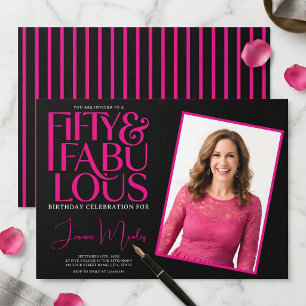 Pink Black 50 & Fabulous Elegant Stripes Birthday Invitation