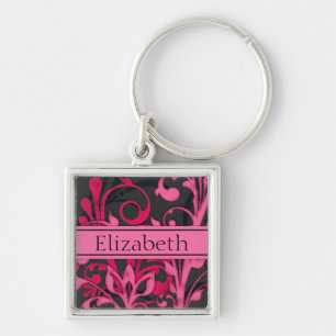 Pink Black Abstract Floral Custom Name Keychain