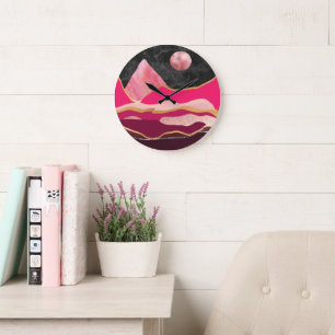 Pink & Black abstract mountain landscape Large Clock