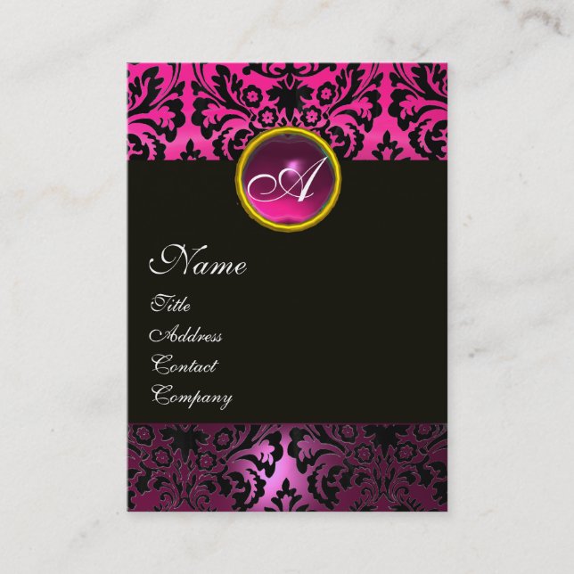PINK BLACK AMETHYST DAMASK MONOGRAM Fuchsia Floral Business Card (Front)