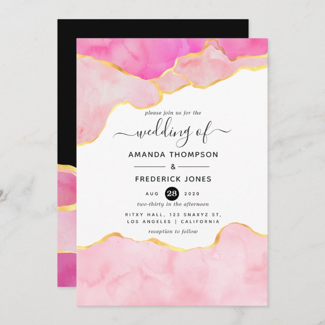 Pink, Black and Gold Agate Wedding Invitation (Front/Back)