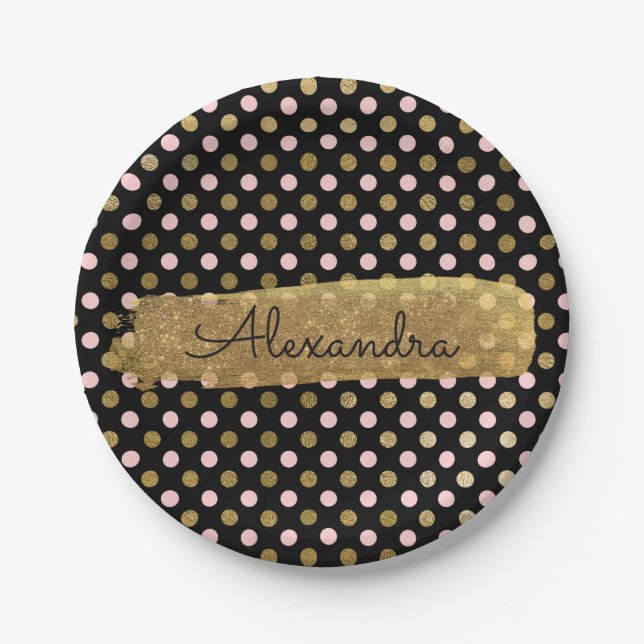 Pink, Black and Gold Foil Polka Dot & Stripe Paper Plate (Front)