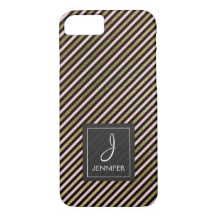 Pink, Black and Gold Foil Striped Monogram iPhone 8/7 Case