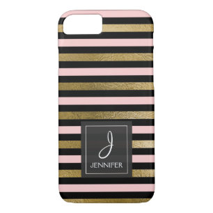 Pink, Black and Gold Foil Striped Monogram iPhone 8/7 Case