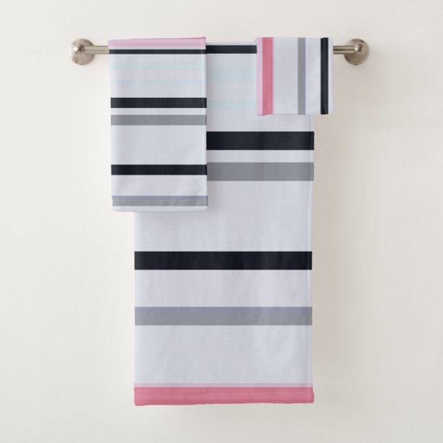 Pink, Black and Gray stripes Bath Towel Set (Insitu)