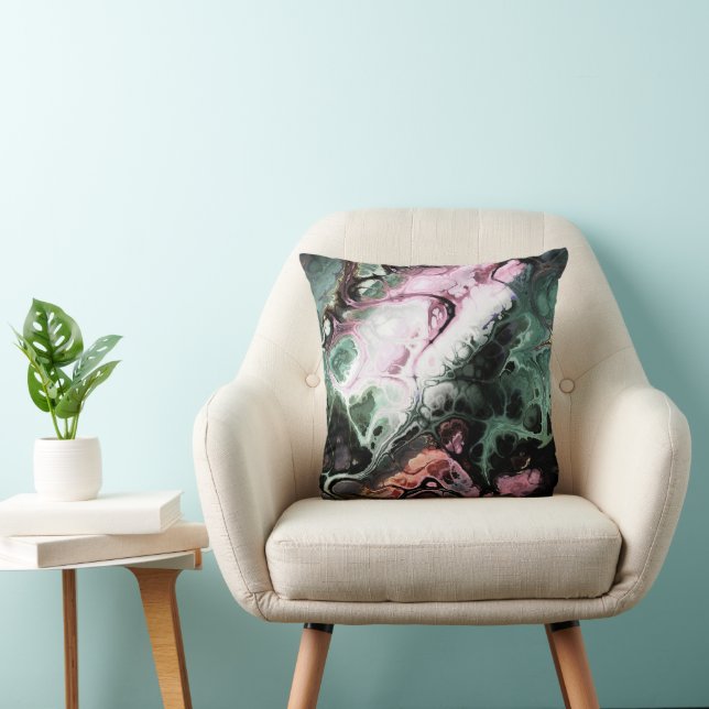 Pink, black and jade green marble tie-dye  throw pillow (Chair)