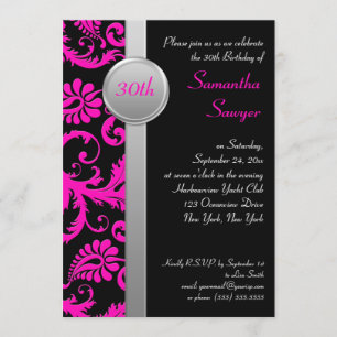 Pink, Black, and Silver 30th Birthday Invitation