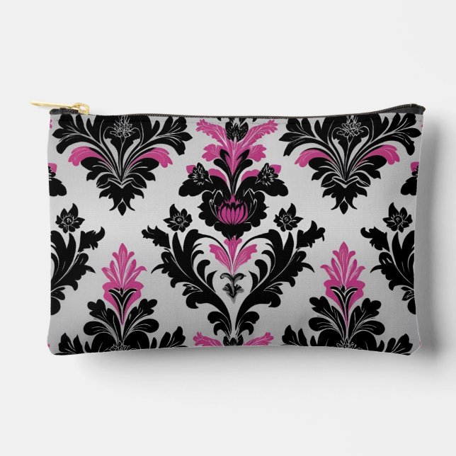 Pink, Black and Silver Damask Style Accessory Pouch (Front)