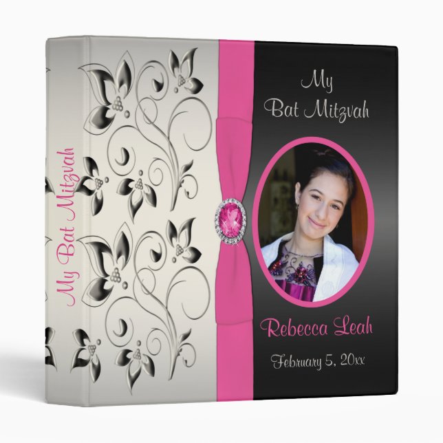 Pink, Black, and Silver Floral Bat Mitzvah Binder (Front/Spine)