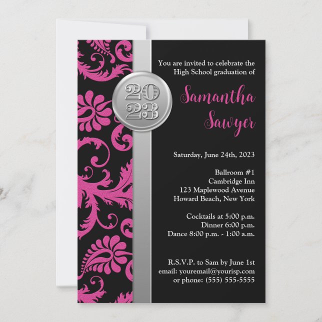 Pink, Black, and Silver Graduation Invitation (Front)