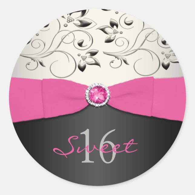 Pink, Black, and Silver Sweet Sixteen Sticker (Front)