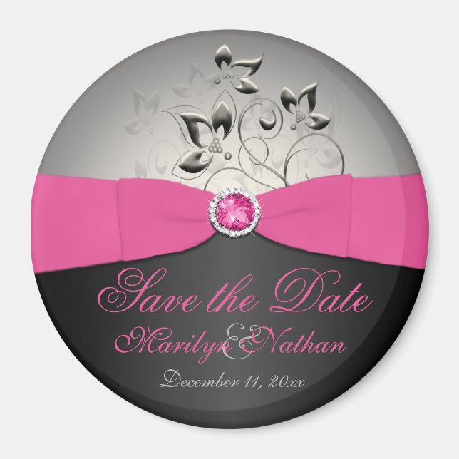 Pink, Black, and Silver Wedding Favour Magnet (Front)