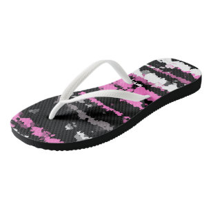 pink black and white abstract flip flops