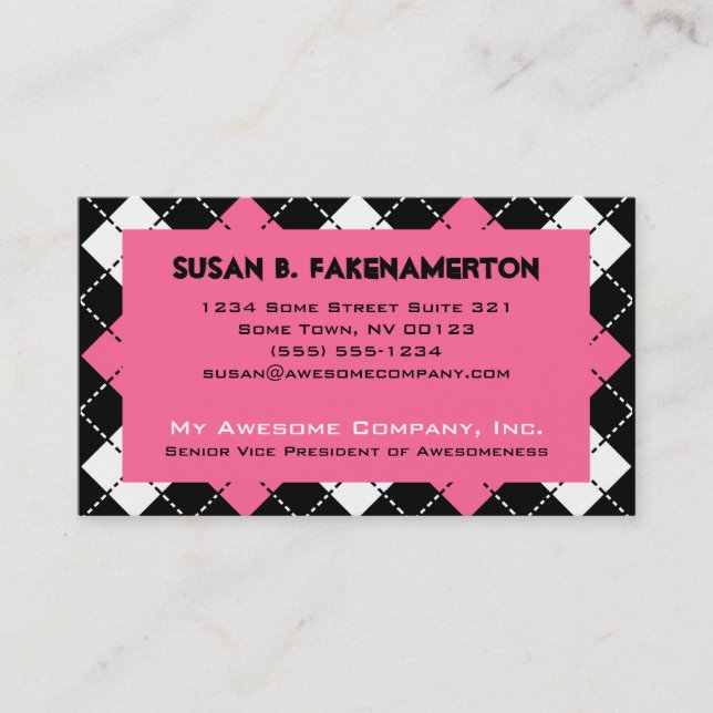 Pink Black and White Argyle Print Business Card (Front)