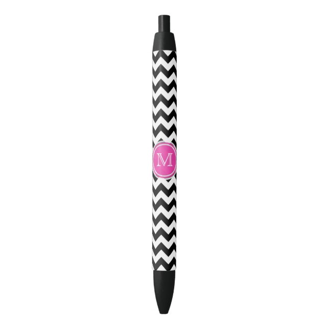 Pink Black And White Chevron Monogram Ink Pen (Front Vertical)