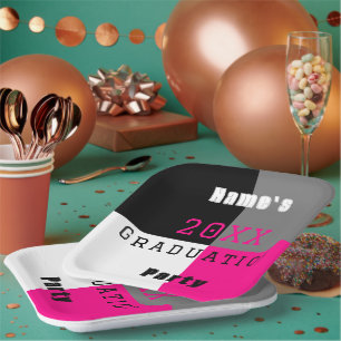 Pink, black and white custom graduation party pa paper plate